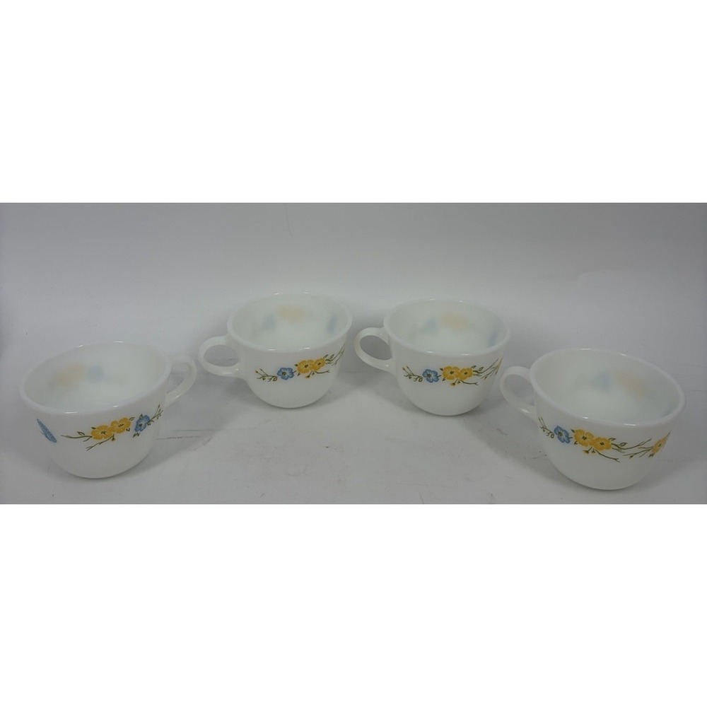Vintage Pyrex Coffee Cup Tea Yellow Blue Flowers Butterfly Flirtation USA LOT 4